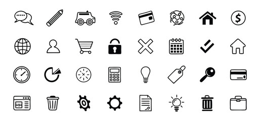 Fototapeta premium A collection of outlined black and white icons depicting various concepts and universal symbols for design elements