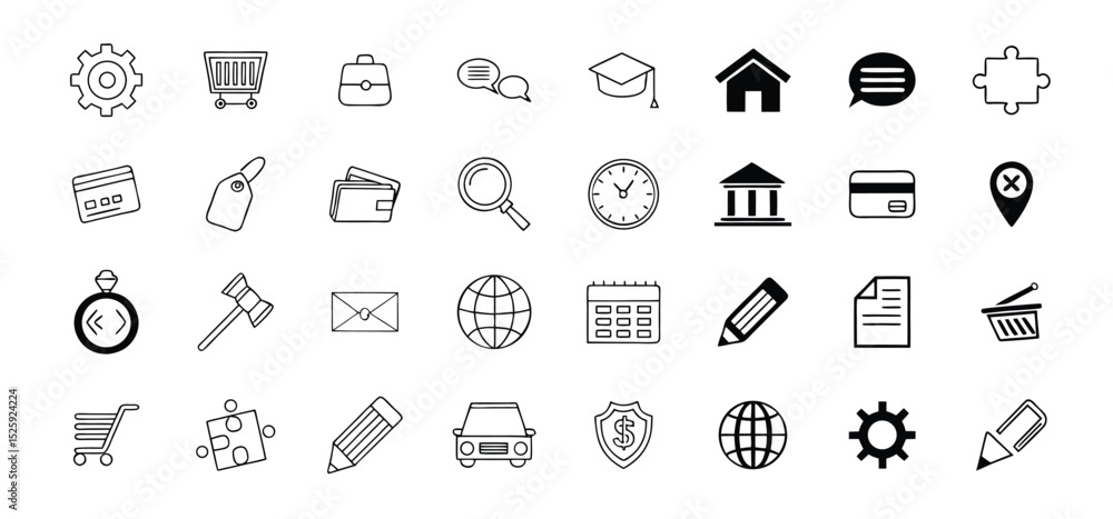 Poster a collection of simple black and white icons representing various concepts and ideas seamlessly
