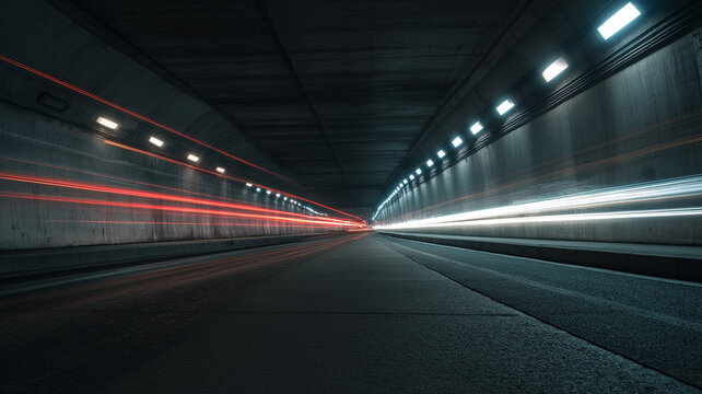 Fototapeta Subway tunnel light trails with deep vanishing point, neon streaks, speed theme, moody cinematic look