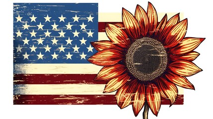 Patriotic american flag sunflower art print rustic vintage wall decor home decor independence day design