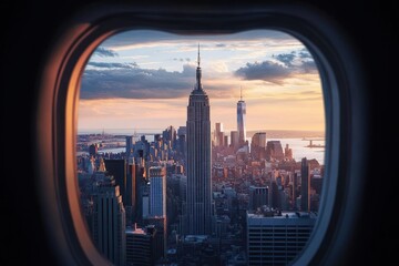 Aerial view of a city skyline at sunset seen through an airplane window featuring tall skyscrapers and a glowing sky with clouds