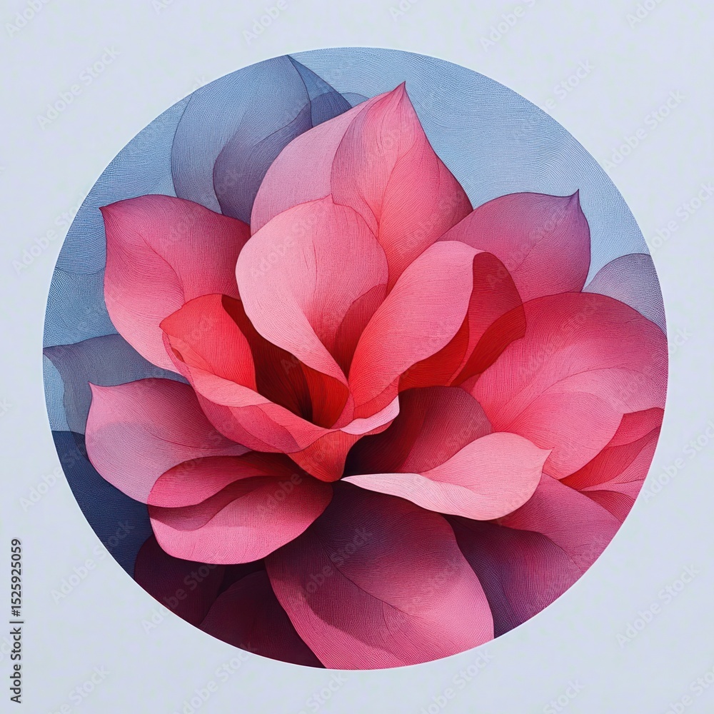 Poster close-up of a delicate pink and red flower with soft layered petals and subtle blue shadows in a cir