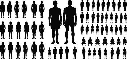 Human silhouettes, male and female, crowd illustration, various poses, diverse people, standing figures, vector black outline, body types, grouped design