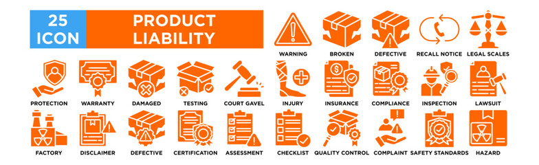 Product Liability icon collection set. Warning Label, Broken Product, Defective Packaging, Recall Notice, Legal Scales