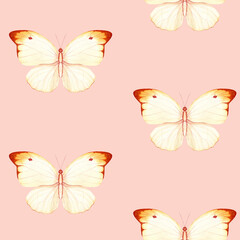 Cream and orange butterflies on a pink background. Seamless watercolor pattern, hand-painted. Ideal for textiles, branding, packaging, wedding decor, stationery, and creative business projects