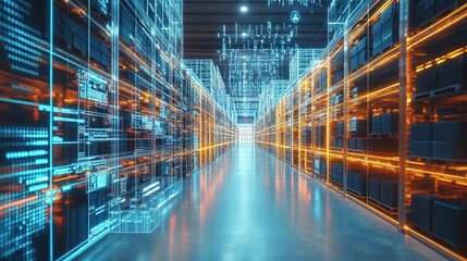 A hyper-modern logistics center with digital inventory tracking 