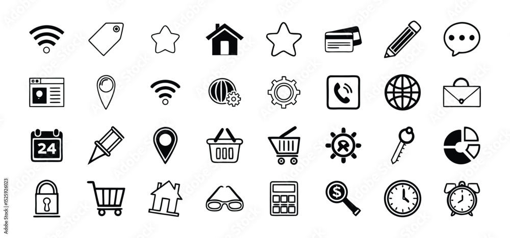 Poster a comprehensive collection of black and white outline icons representing various digital concepts an