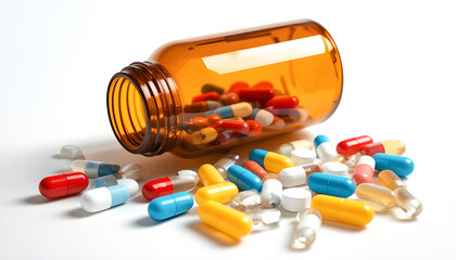 Isolated Medicine Bottle with Colorful Pills on White Background