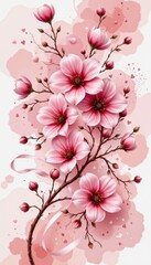 Beautiful cherry blossom branch with pink flowers and buds on a soft watercolor background, blooming floral tree for sp or nature themed design