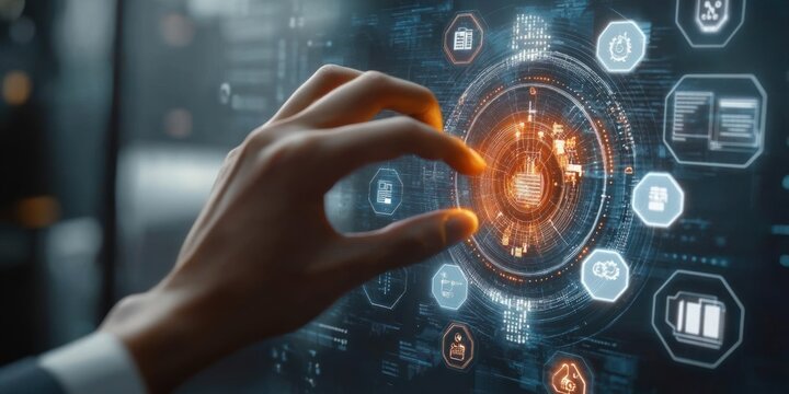 Close-up of a human hand interacting with a glowing futuristic digital interface with hexagonal icons and data visualizations in a dark environment