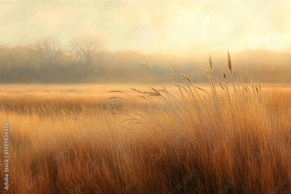 Poster golden tall grass field with morning fog and bare trees in the background creating a peaceful and se