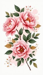 Beautiful pink peony flowers with green and brown leaves botanical illustration floral design on white background for decoration or art prints