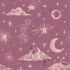 A whimsical, boho-style page with thick-lined illustrations including moons, suns, stars, and hands.