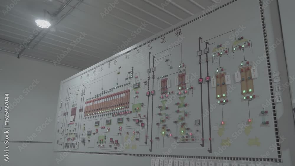 Aufkleber switch controls on metal panel in production facility line showing push buttons and switches - emerg