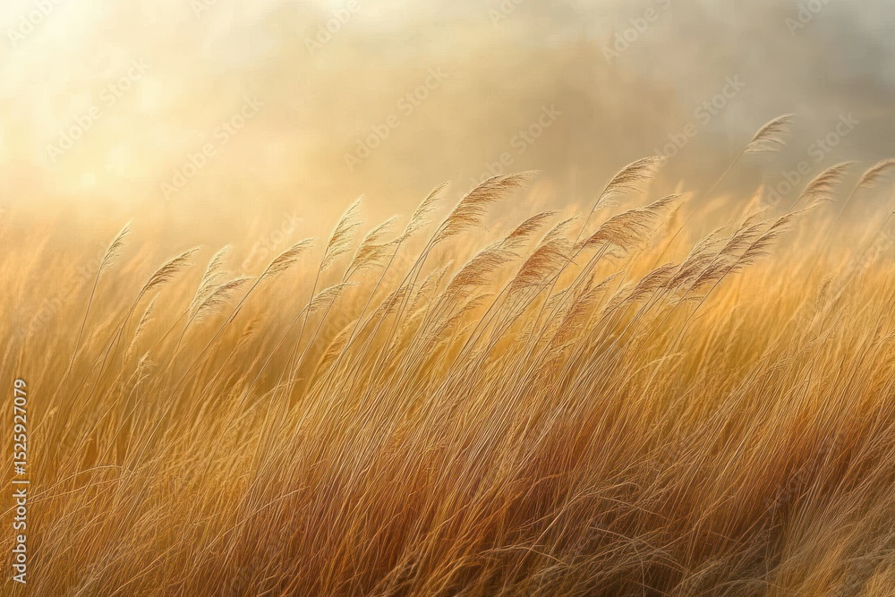 Poster golden tall grass gently swaying in soft sunlight with a misty background creating a calm and serene