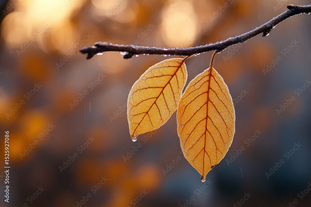 Poster two orange autumn leaves with visible vein patterns hanging from a branch with droplets of water und