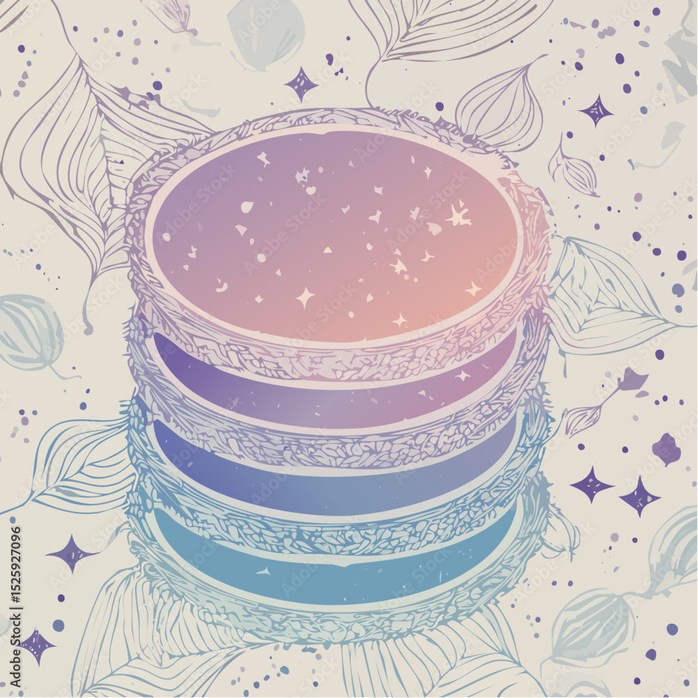 Poster a vector series of abstract stacked shapes in soft gradients and pastel tones, featuring layered for