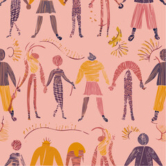 A seamless vector pattern featuring stylized human figures in colorful clothing, set against a textured coral background with abstract decorative elements.