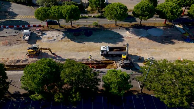 Aerial shot of ongoing works upgrading a new Odysseum tramway in France