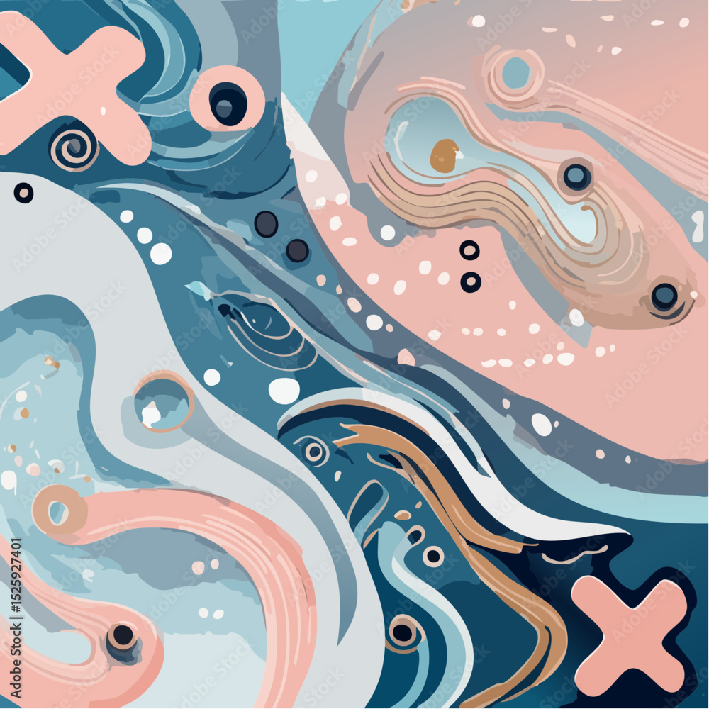Poster a bold abstract vector pattern featuring fluid wave shapes, swirls, dots, and layered lines in earth