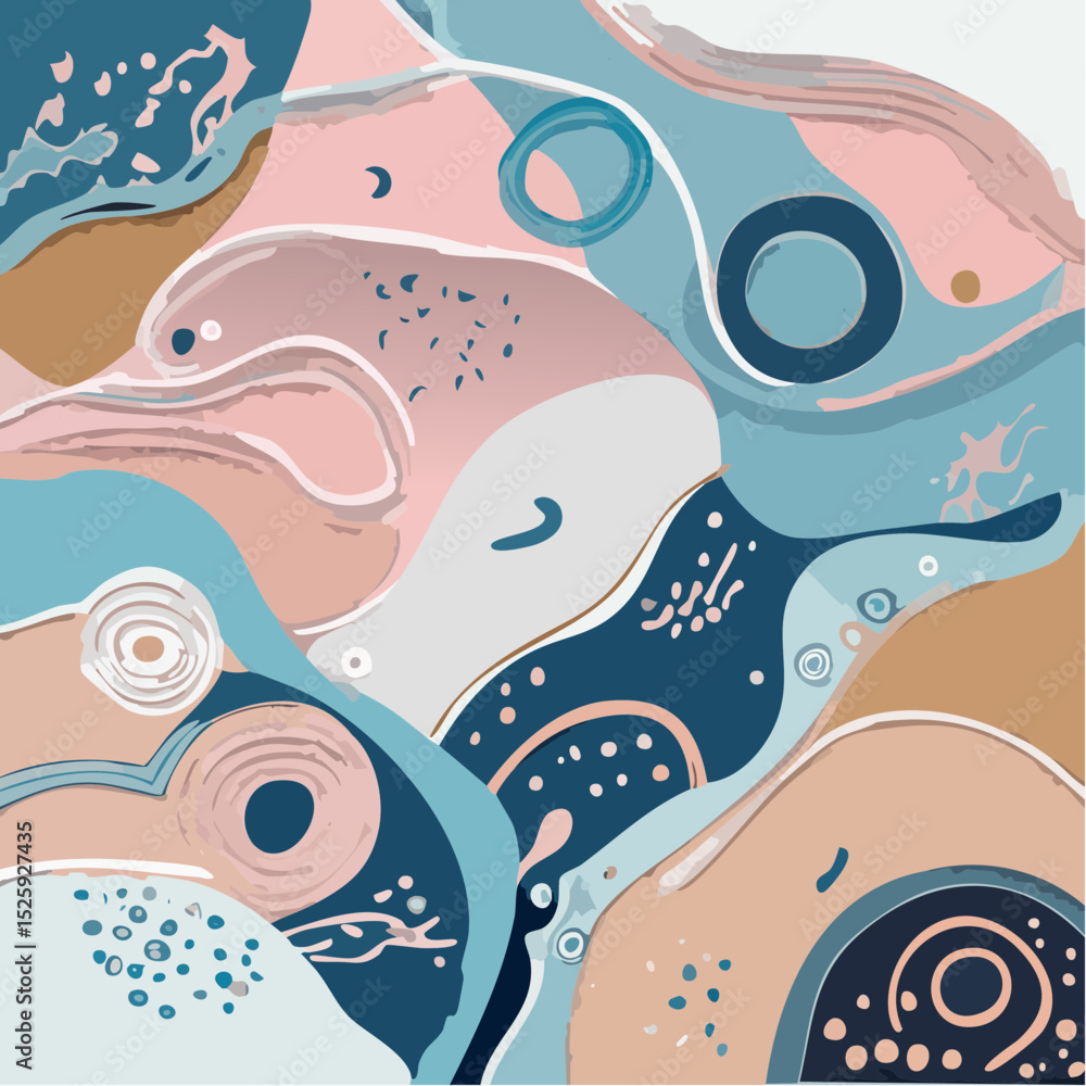 Poster a bold abstract vector pattern featuring fluid wave shapes, swirls, dots, and layered lines in earth