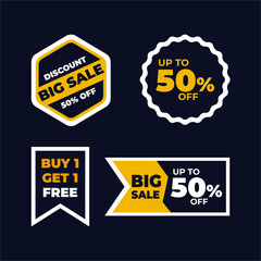  Sleek promotional sticker set with bold black-gold contrast. Includes discounts up to 50% and “Buy 1 Get 1” tags for impactful sales visuals.