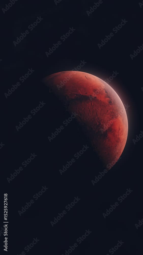Poster vertical video of mars rotating with dark black background. thin atmosphere visible with surface det