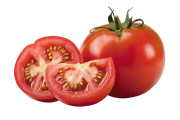 fresh red tomatoes, one whole and sliced, on white background.