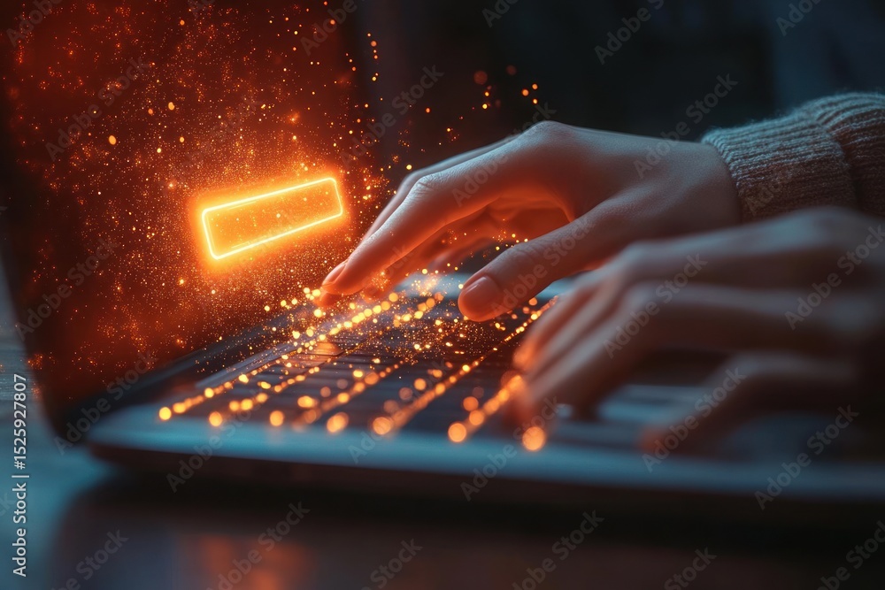 Poster close-up of hands typing on a laptop keyboard with glowing orange digital effects and a floating ill