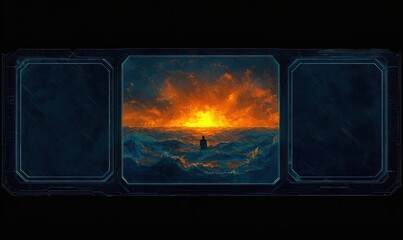 silhouette of a person standing in turbulent ocean waves under a dramatic fiery sunset sky viewed through a futuristic digital interface frame