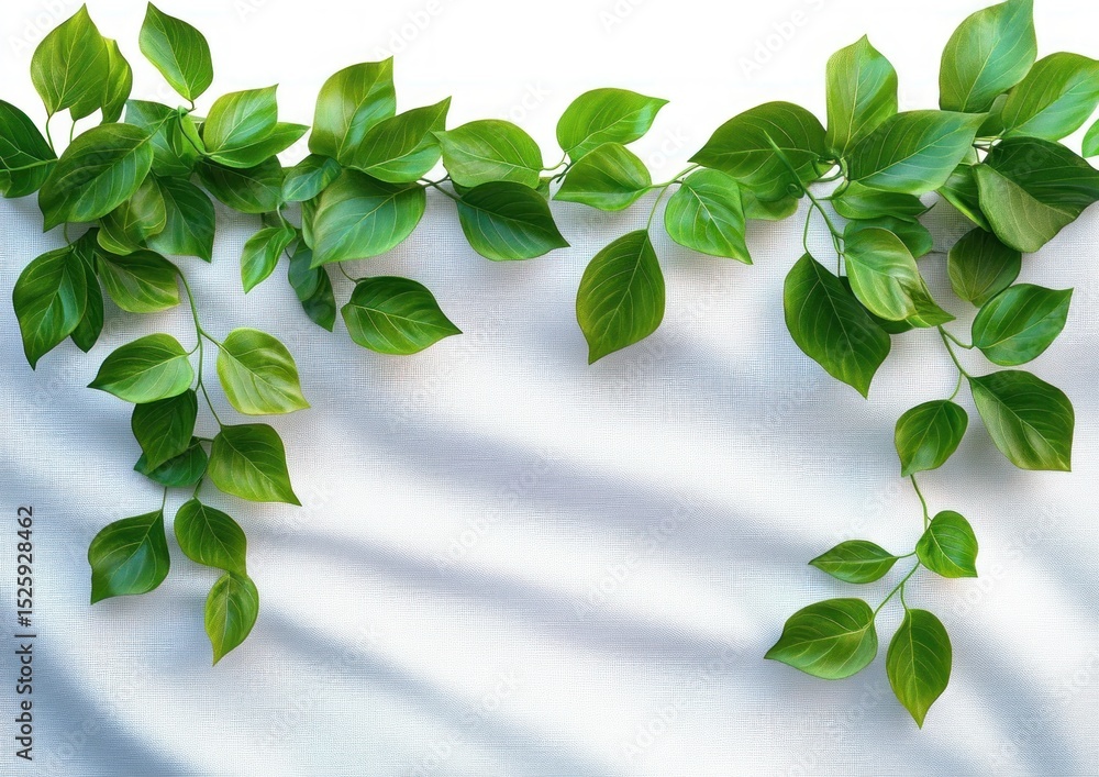 Aufkleber fresh green leaves hanging gracefully with soft natural light casting gentle shadows on a white text