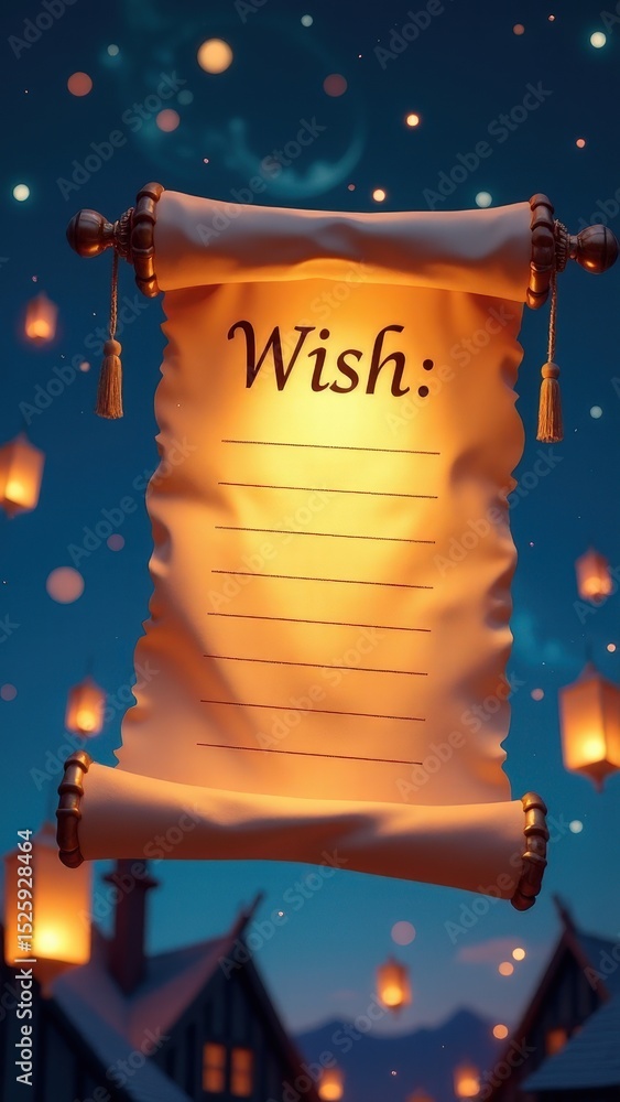 Fototapete scroll of paper with the words wish written on it. the scroll is lit up. the scene has a dreamy