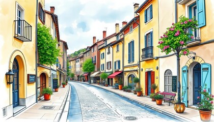 Fototapeta premium Charming Provençal street scene, hand-drawn sketch style, watercolor wash background, street, charming