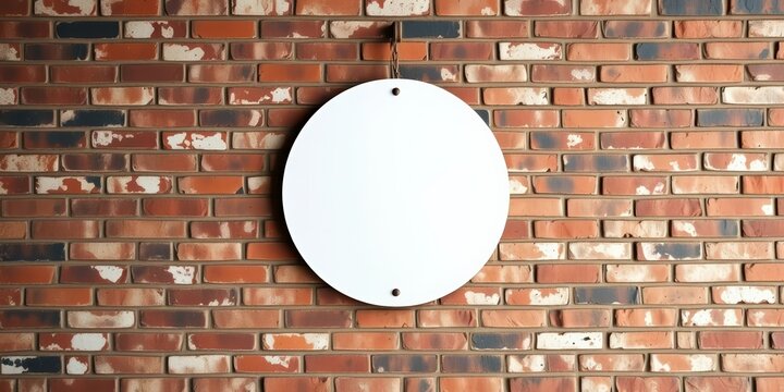 Blank white round cafe signboard on rustic brick wall, sign, menu