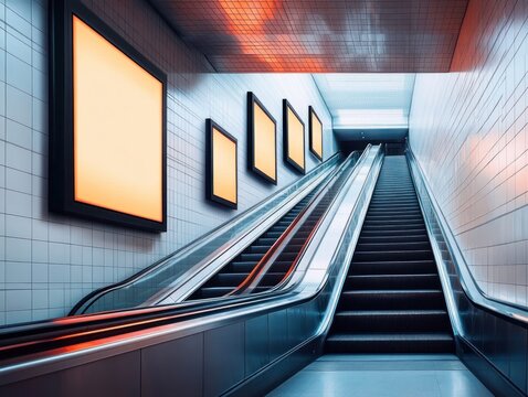 Modern underground station escalators with illuminated blank advertisement panels on tiled walls under cool and warm lighting