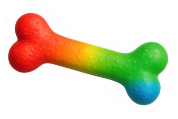 Brightly colored rubber dog bone toy with a rainbow gradient, isolated on a transparent background