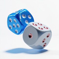 two colorful dice, one blue and one white with red dots, mid-air on a white background creating a sense of motion and anticipation