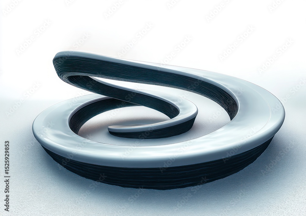 Poster abstract modern sculpture with smooth metallic surface and dark wood texture base forming a continuo