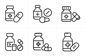 Pharmacy or medication concept icon set with pills bottles drugs healthcare and medical elements