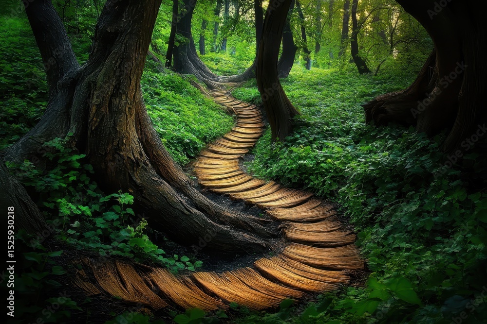 Poster mysterious dark forest path winding through lush greenery invites exploration and adventure, mysteri