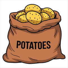 Brown jute sack filled with ripe potatoes vector illustration. Rustic burlap bag of fresh root vegetables perfect for harvest themes, organic food packaging, and sustainable agriculture designs.