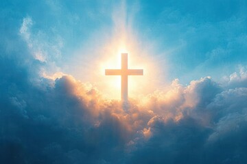 A glowing cross shining brightly amidst golden clouds with rays of sunlight piercing through a blue sky, evoking a feeling of hope and spirituality