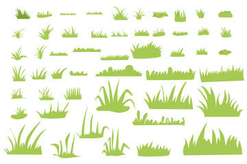 Grass icon, meadow, bush tuft, green lawn, outdoor plant set isolated on white background. Cartoon garden border. Simple floral fence. Vector illustration