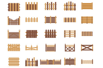 Vector set of illustrations with wooden gates of different shapes and colors.