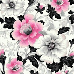 Intricate floral pattern featuring large white and pink flowers with detailed petals and black and grey swirling leaves creating an elegant and harmonious design