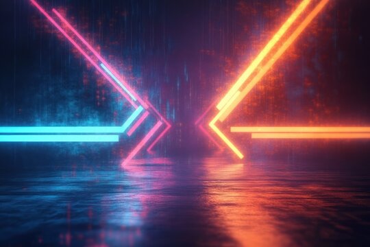 Futuristic glowing neon arrows facing each other over reflective wet surface with vibrant blue and orange lights creating a digital sci-fi atmosphere