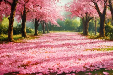 Naklejka premium Peaceful pathway covered with vibrant pink cherry blossom petals under blooming trees in lush green park on a sunny day