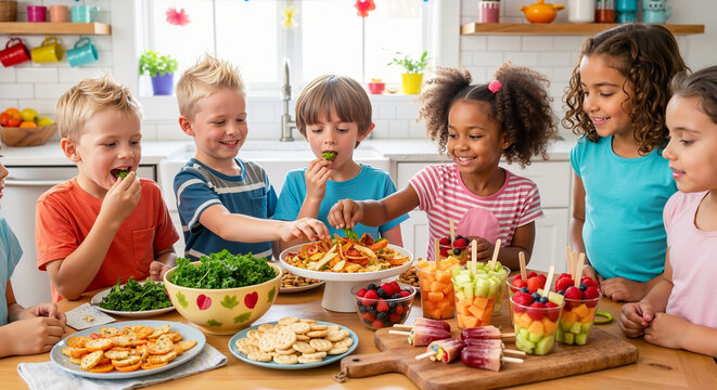 Group of children enjoying healthy colorful food spread in bright kitchen. Kids healthy eating and nutrition education concept. Image for family, health, banner and social media