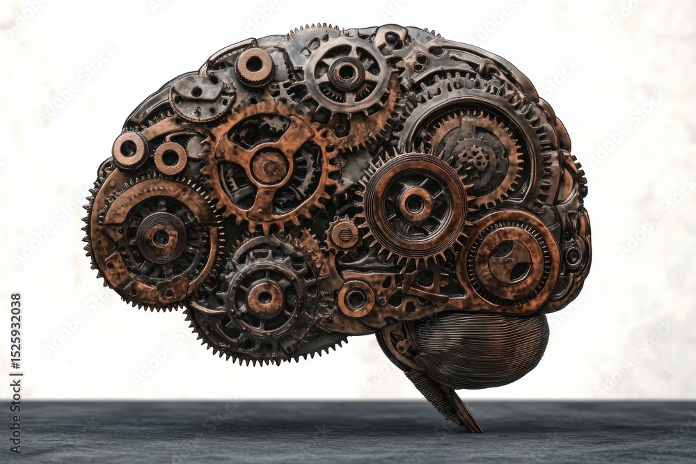 Poster mechanical brain sculpture made of interconnected gears and cogs on a flat surface representing comp