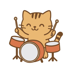 Cartoon cat playing drums happily